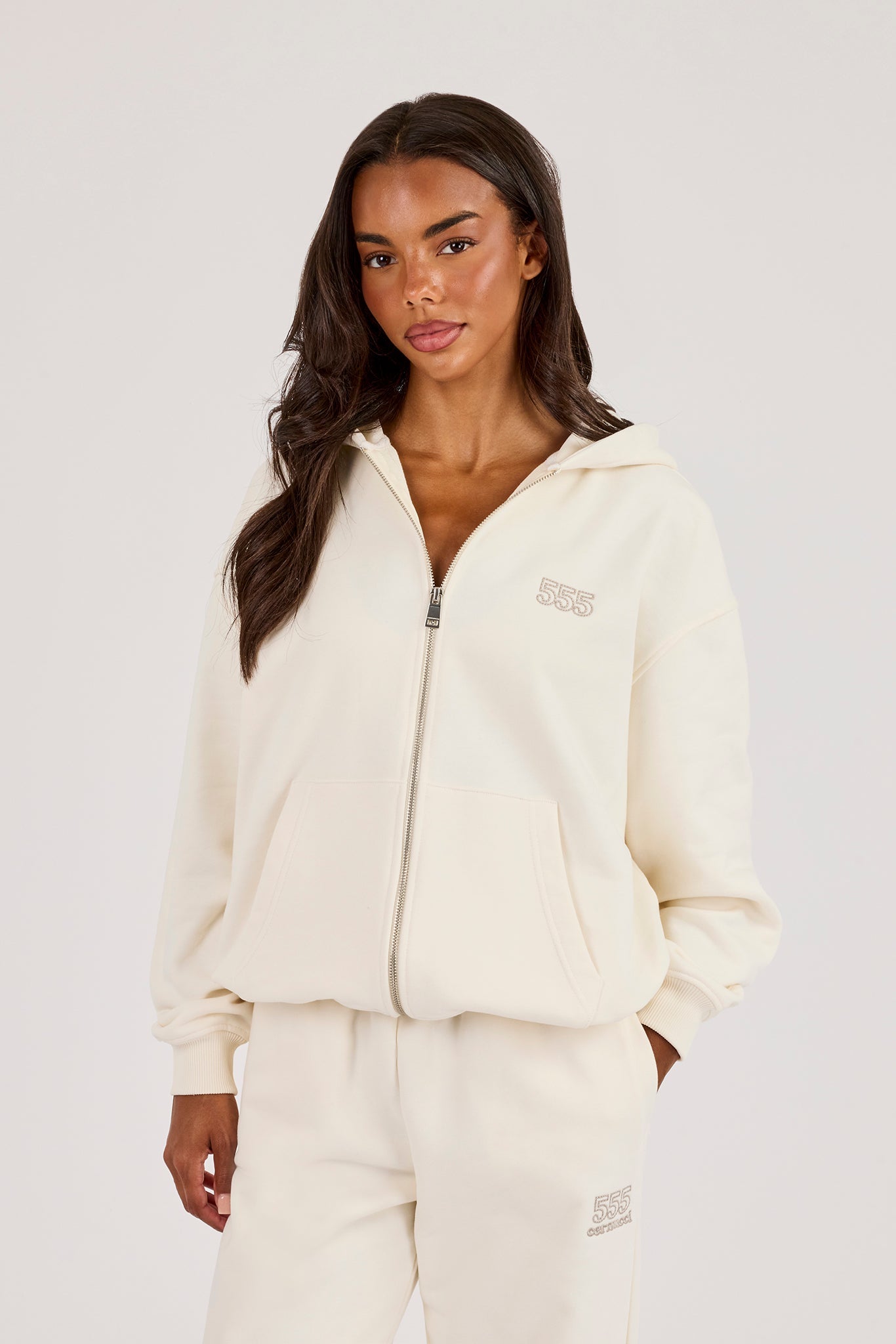 555 Embroidered Oversized Zip Through Hoodie - Off White